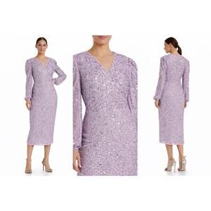 Mac Duggal 107641 Lavender Sequins Illusion Long Sleeve Midi Dress Size 6 $398